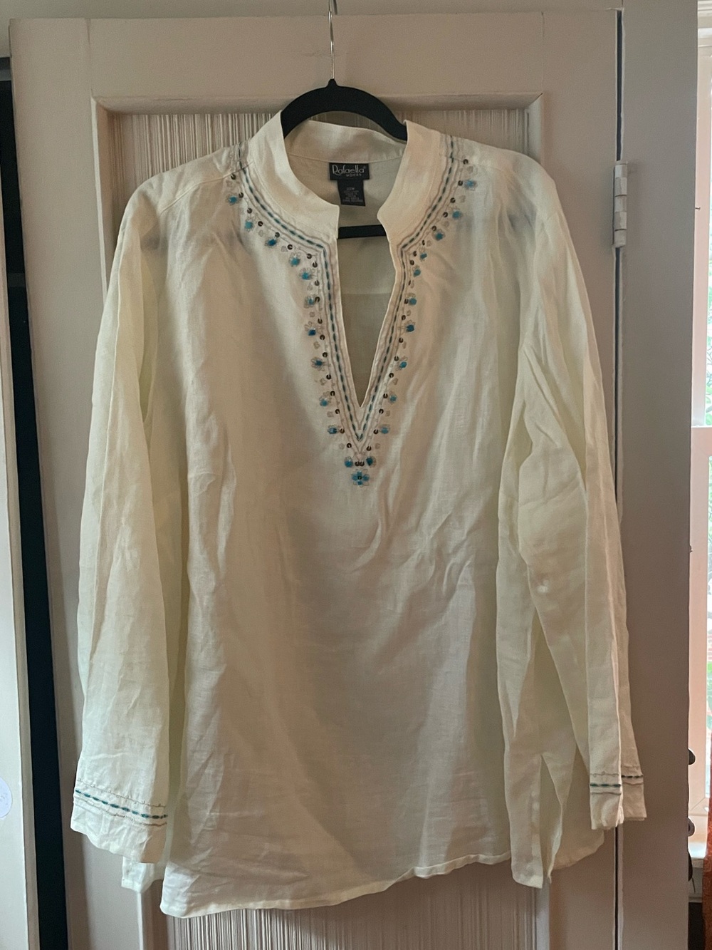 Linen Embroidered V-Neck Tunic Shirt - Cream with Blue Accents size 22